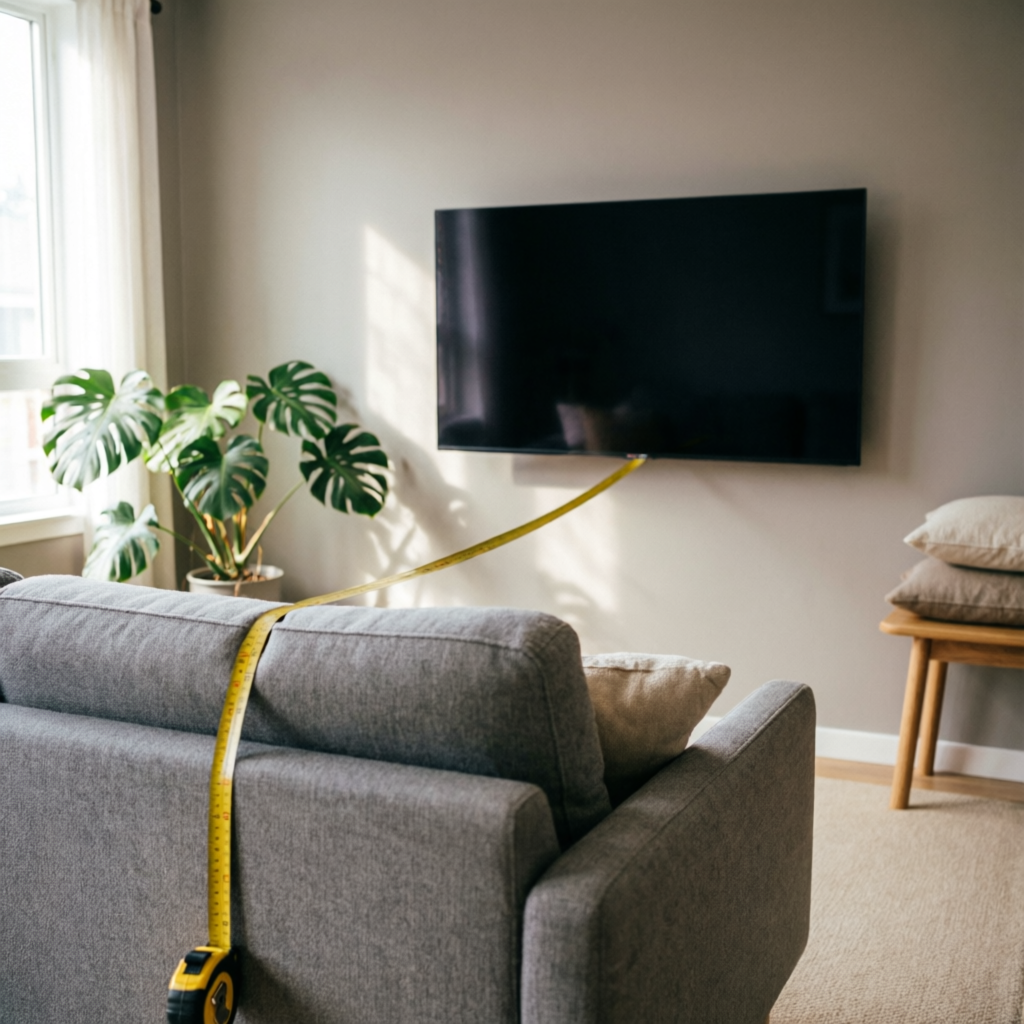 Sala com fita métrica medindo a distância entre o sofá e a TV de 50 polegadas